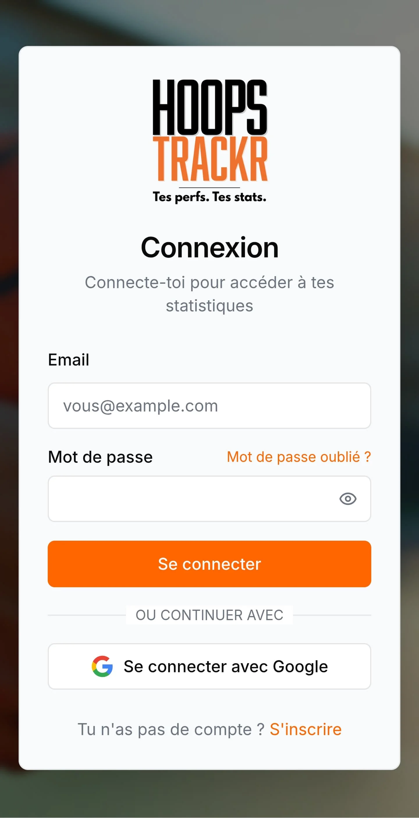 Écran de connexion HoopsTrackR